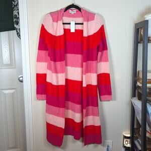 NWT LOFT Long Colorblock Duster Cardigan Red Pink Stripe